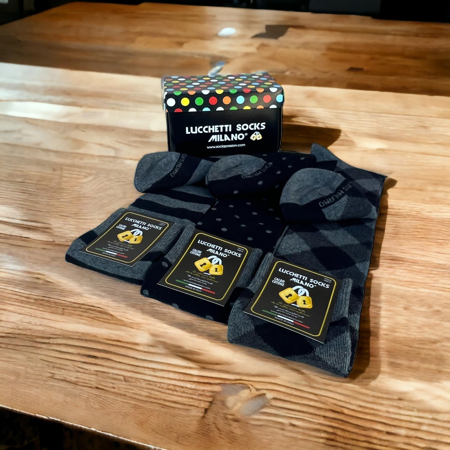 Lucchetti Socks Milano SET 3 PAIA DI CALZE UOMO LUNGHE CALDO COTONE COLORATE TENDENZA POIS FANTASIA FASHION MADE IN ITALY