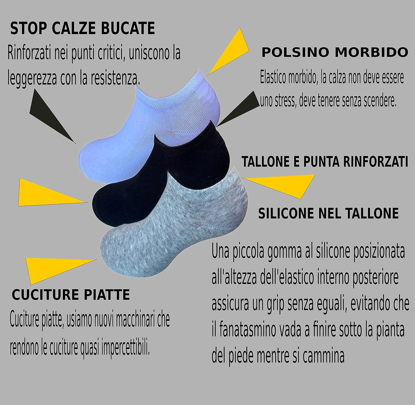 6 Paia Lucchetti Socks Milano Uomo Fantasmini Donna Cotone Nero Bianco Grigio Con Silicone Nel Tallone