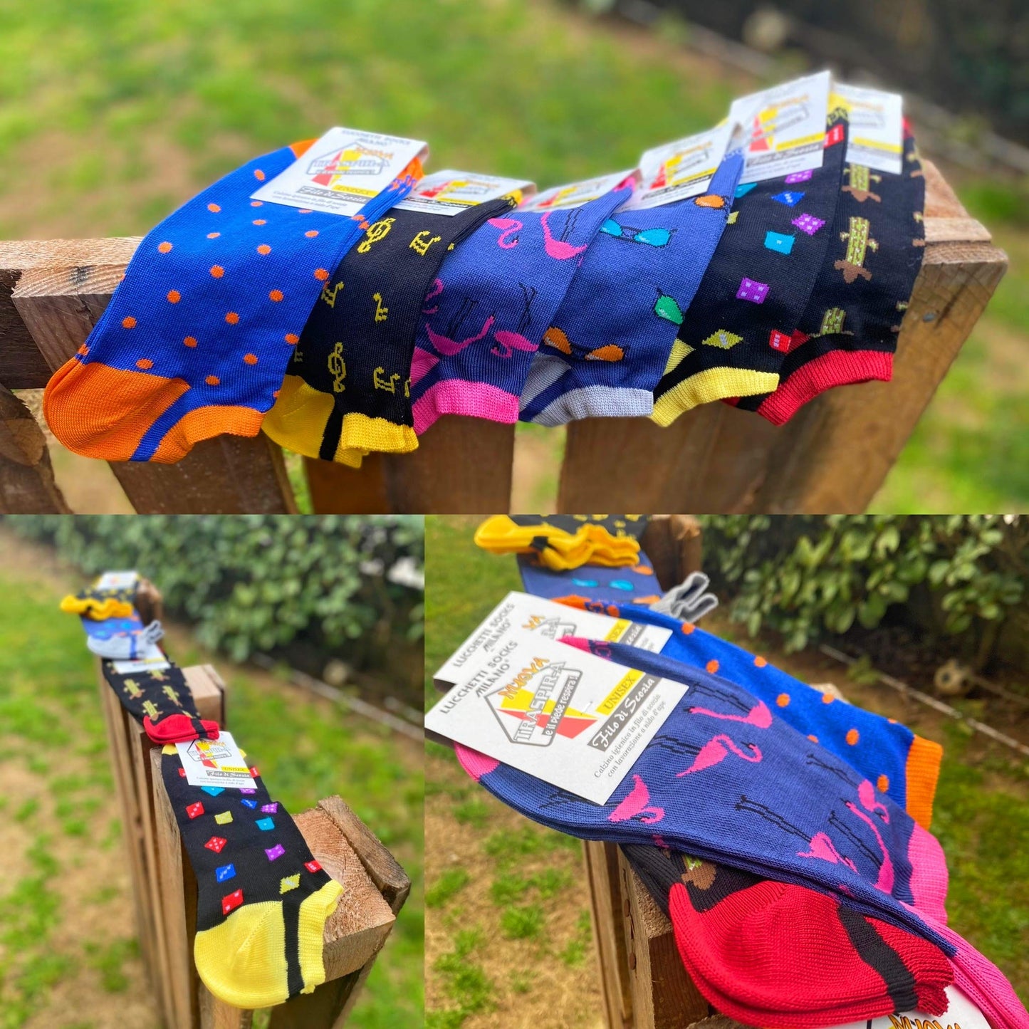 6 Paia Lucchetti Socks Milano Fantasmini Uomo Cotone Colorati Fantasia Filo Di Scozia Pois Disegni Calzini Corti Alla Caviglia Made In Italy