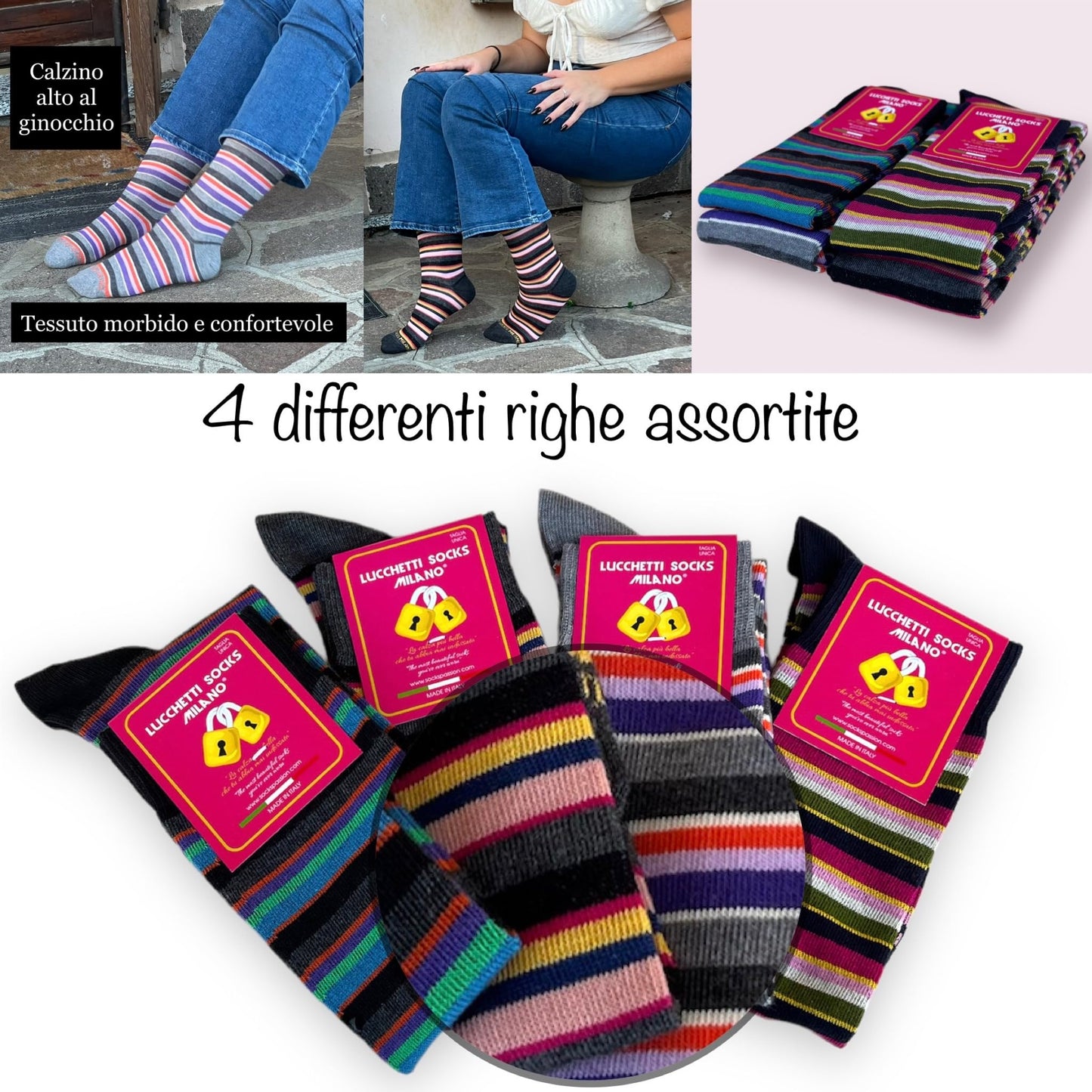 Calze Donna Invernali Lunghe Caldo Cotone Fantasia Righe Pois Termiche Colorate Made in Italy