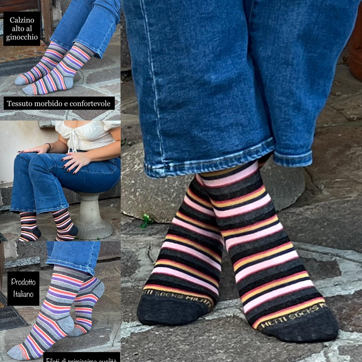 Calze Donna Invernali Lunghe Caldo Cotone Fantasia Righe Pois Termiche Colorate Made in Italy