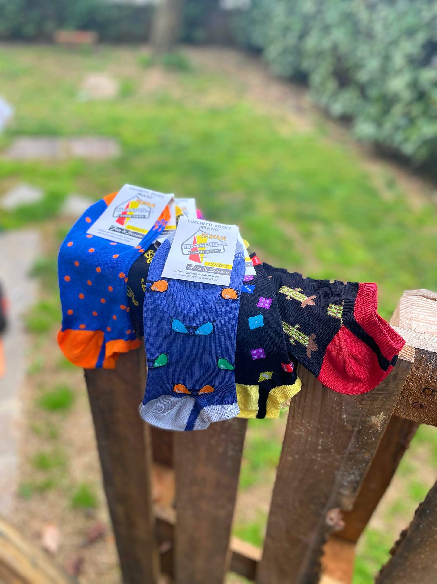 6 Paia Lucchetti Socks Milano Fantasmini Uomo Cotone Colorati Fantasia Filo Di Scozia Pois Disegni Calzini Corti Alla Caviglia Made In Italy