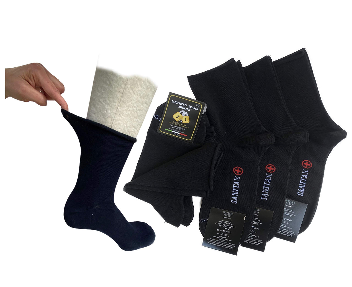 6 Paia Lucchetti Socks Milano Calze Da Uomo SANITARIE Caldo Cotone Invernali Senza Elastico taglio laser rimagliate Made in Italy