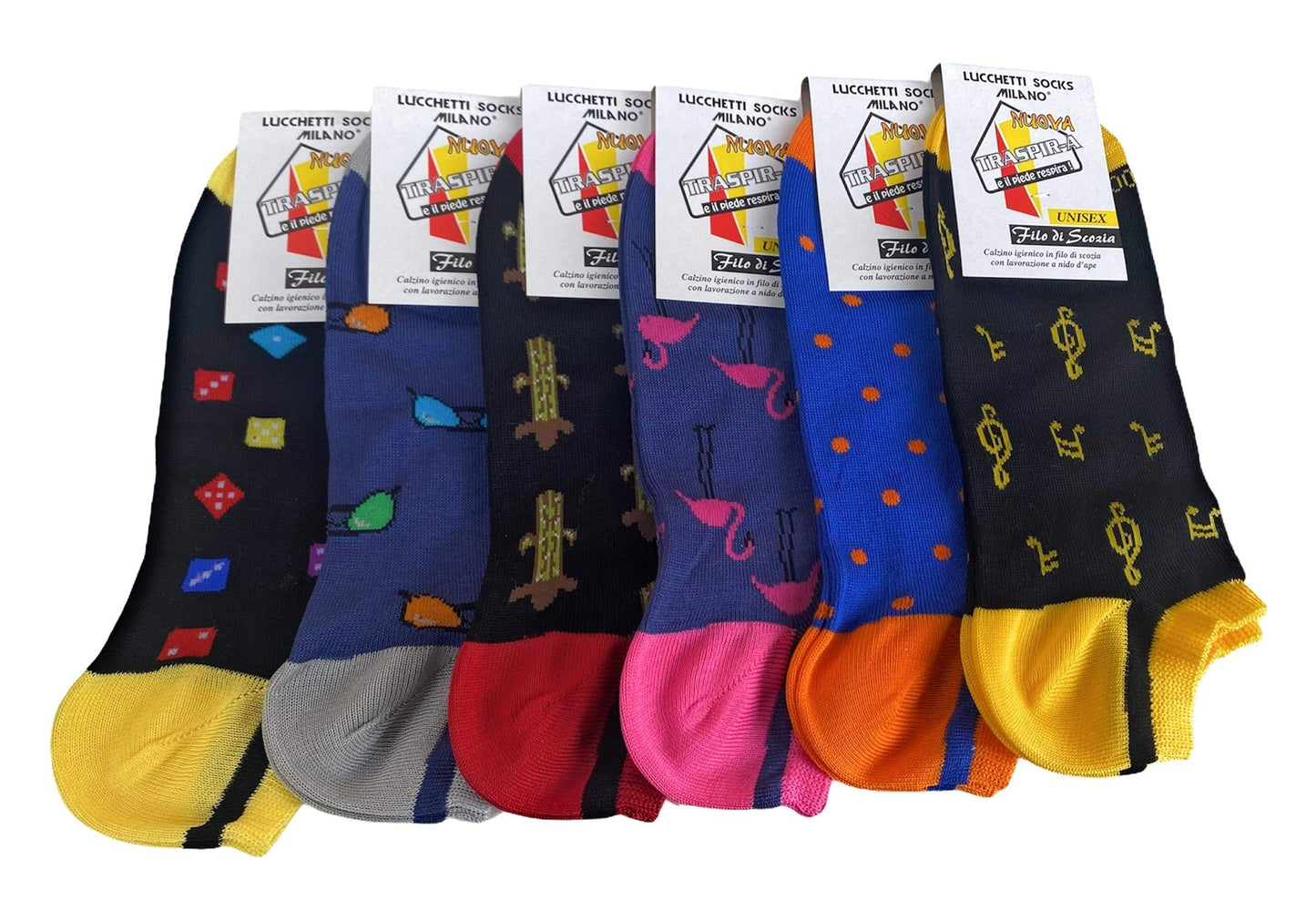 6 Paia Lucchetti Socks Milano Fantasmini Uomo Cotone Colorati Fantasia Filo Di Scozia Pois Disegni Calzini Corti Alla Caviglia Made In Italy