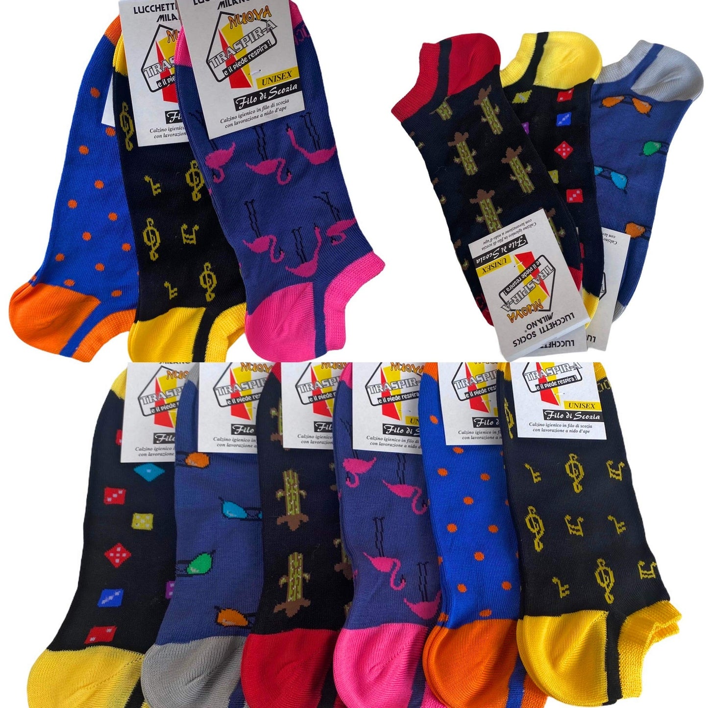 6 Paia Lucchetti Socks Milano Fantasmini Uomo Cotone Colorati Fantasia Filo Di Scozia Pois Disegni Calzini Corti Alla Caviglia Made In Italy